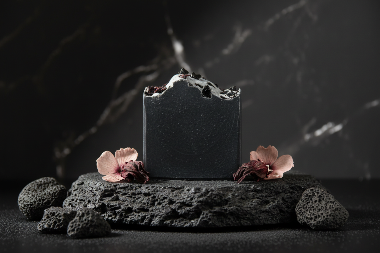 Obsidian charcoal soap with volcanic details