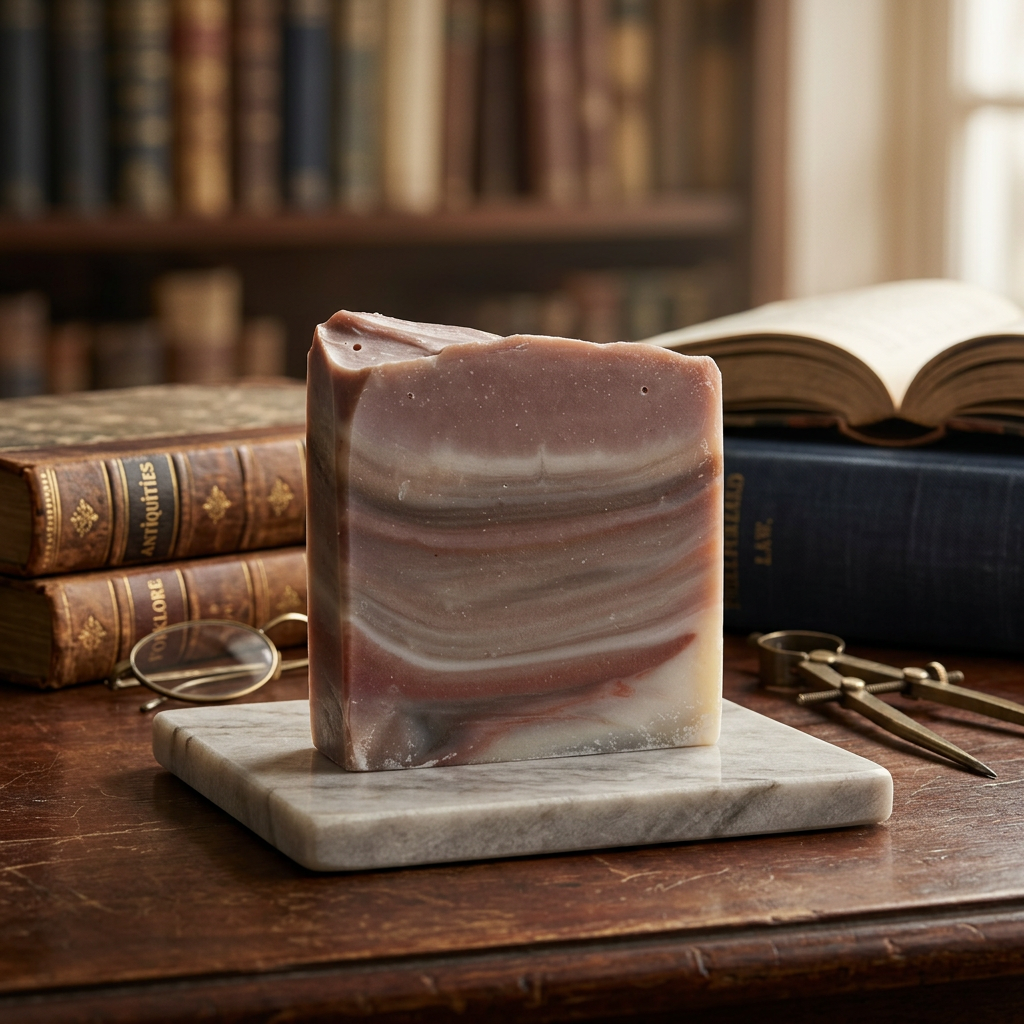 Antique Bookshop soap in a warm, vintage bookshop setting