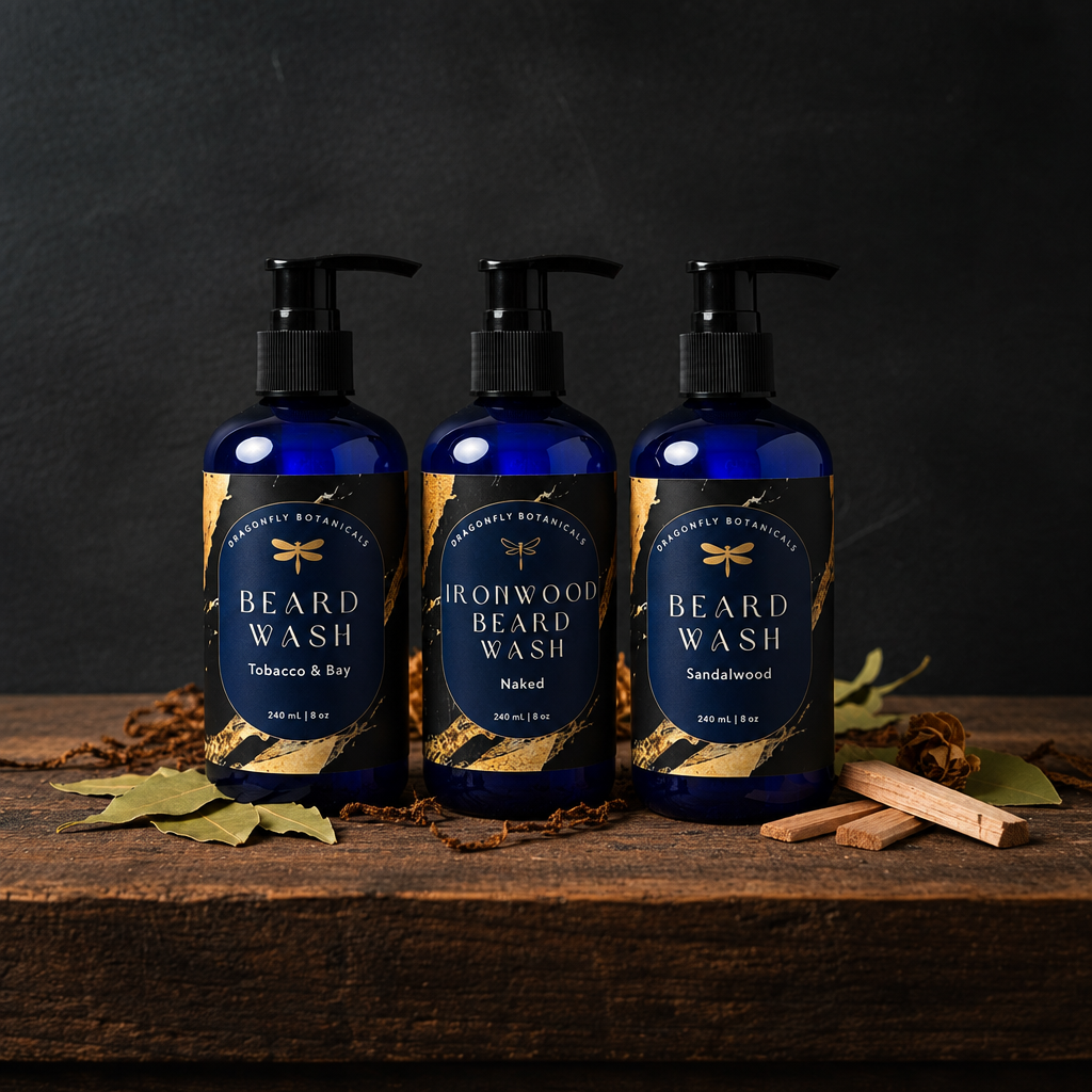 Beard Wash three-bottle preview with wooden base