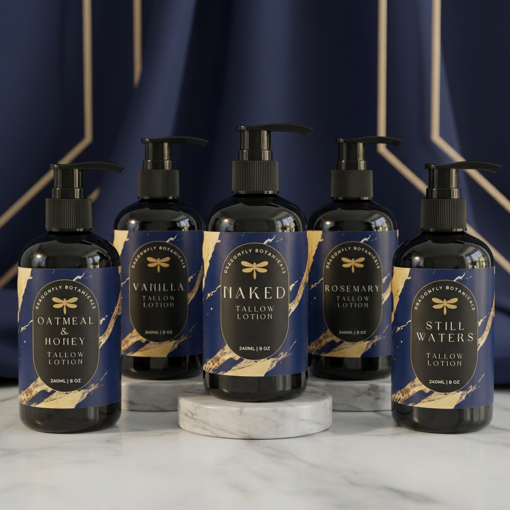 Five Dragonfly Botanicals tallow lotions in a coordinated group shot