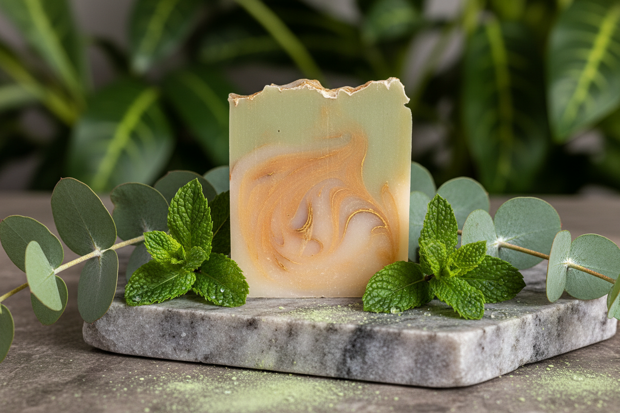 Green Goddess soap with botanical details