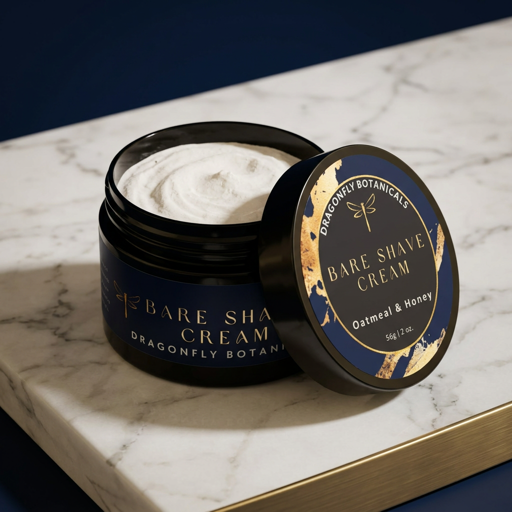 Oatmeal and Honey shave cream in navy, gold and marble styling