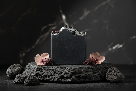 Obsidian charcoal soap with volcanic details