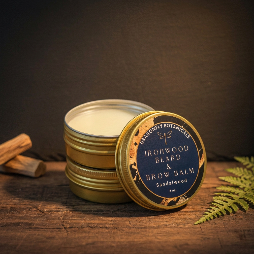 Sandalwood balm with warm rustic wood and fern accents